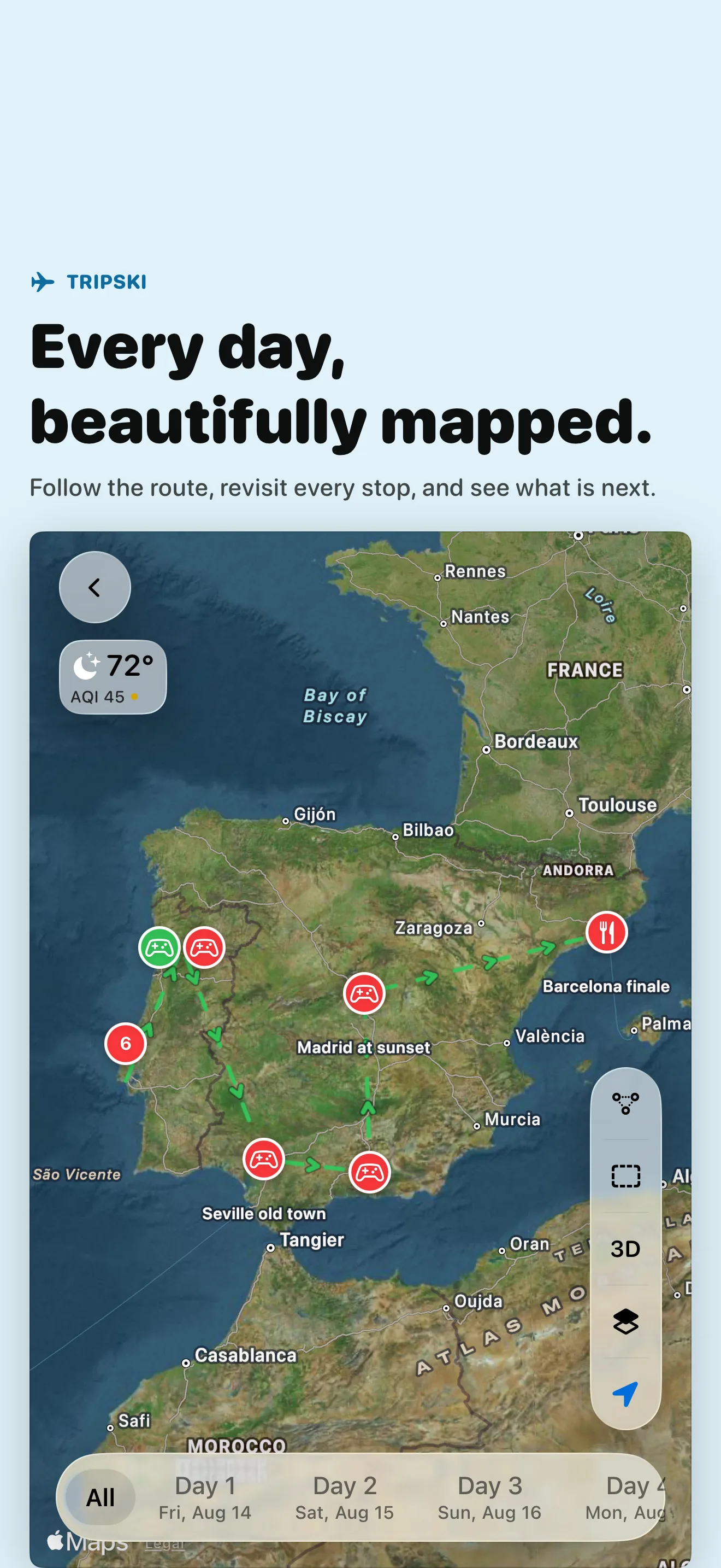 Every day, beautifully mapped — follow the route and revisit every stop