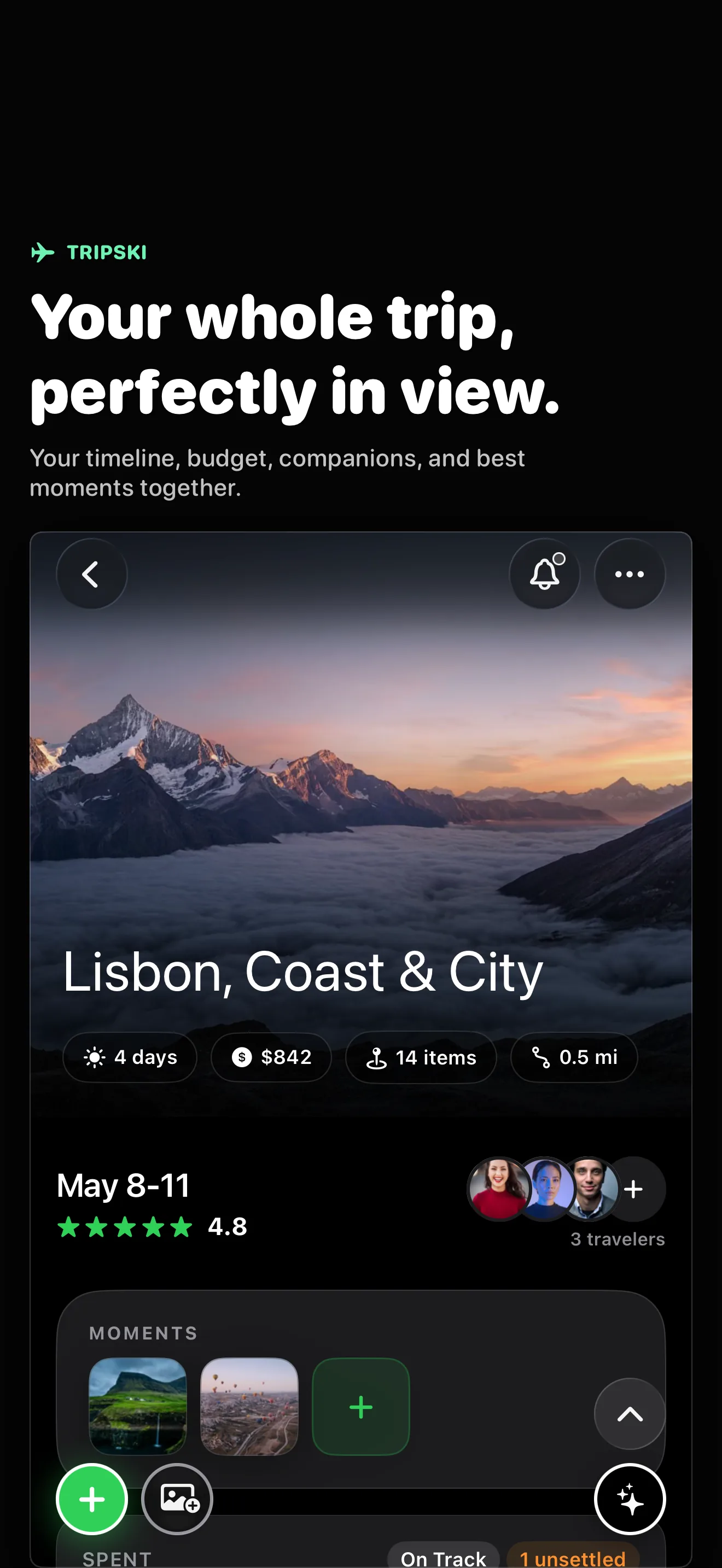 Trip overview with timeline, budget, travel companions, and moments together