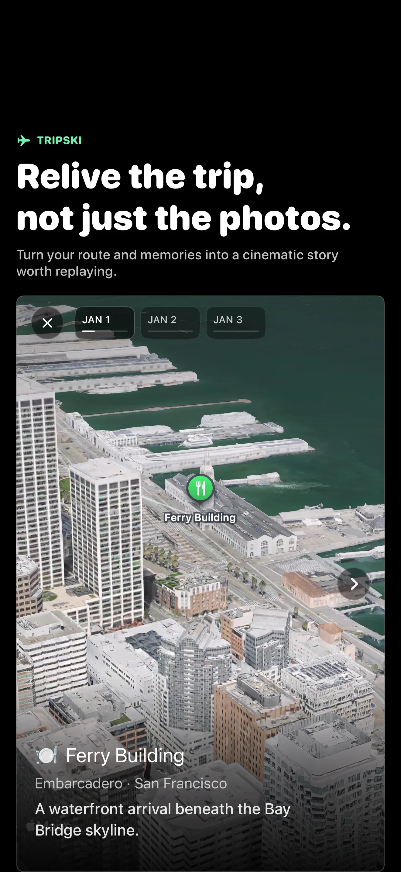 Cinematic trip flyover replaying your route and memories over a 3D city