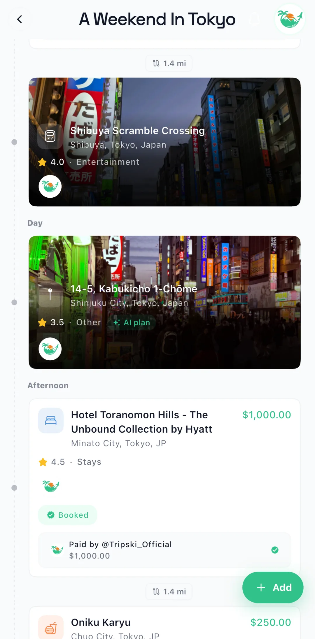 Tripski trip itinerary showing a timeline of experiences across the day