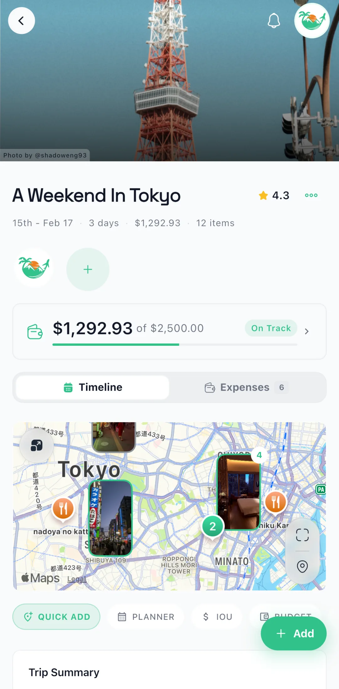 Trip overview with map, timeline, and live budget tracking