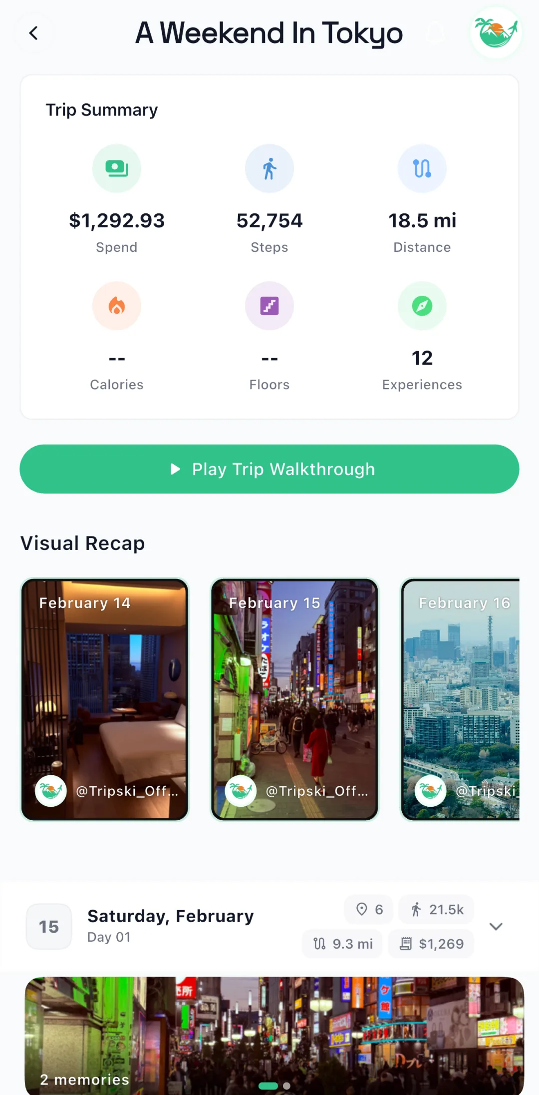 Trip summary with spend, steps, and distance stats plus a visual recap and trip walkthrough