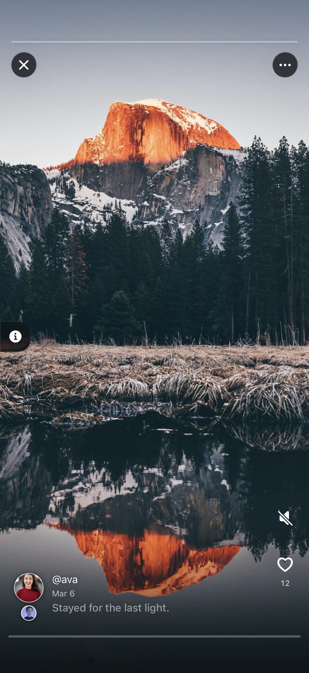A full-screen Yosemite memory with Half Dome, its reflection, and a shared caption