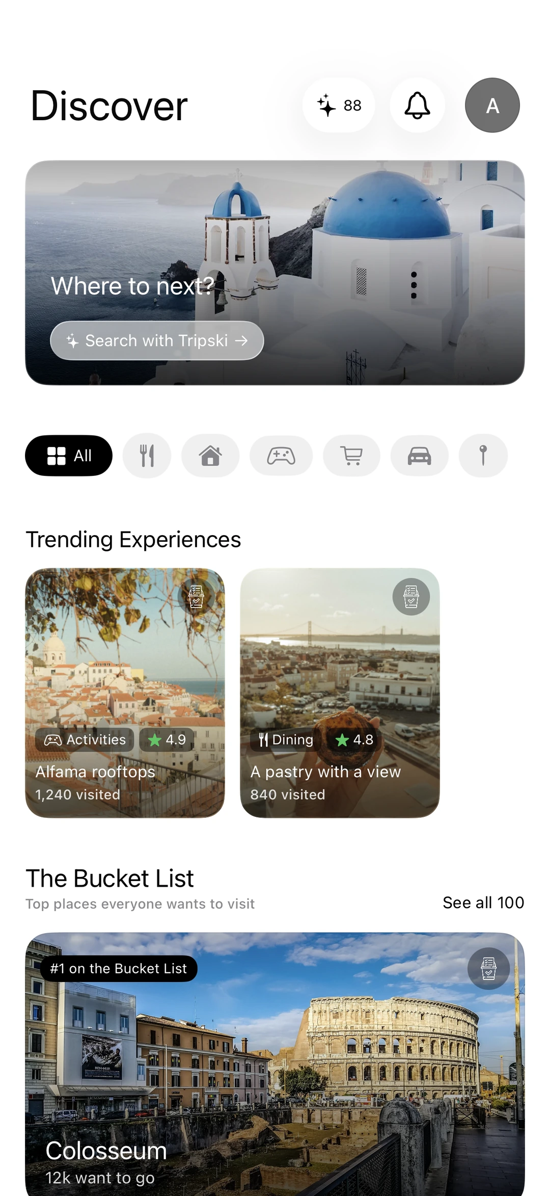Discover with destination inspiration, Lisbon recommendations, and the Colosseum bucket-list card
