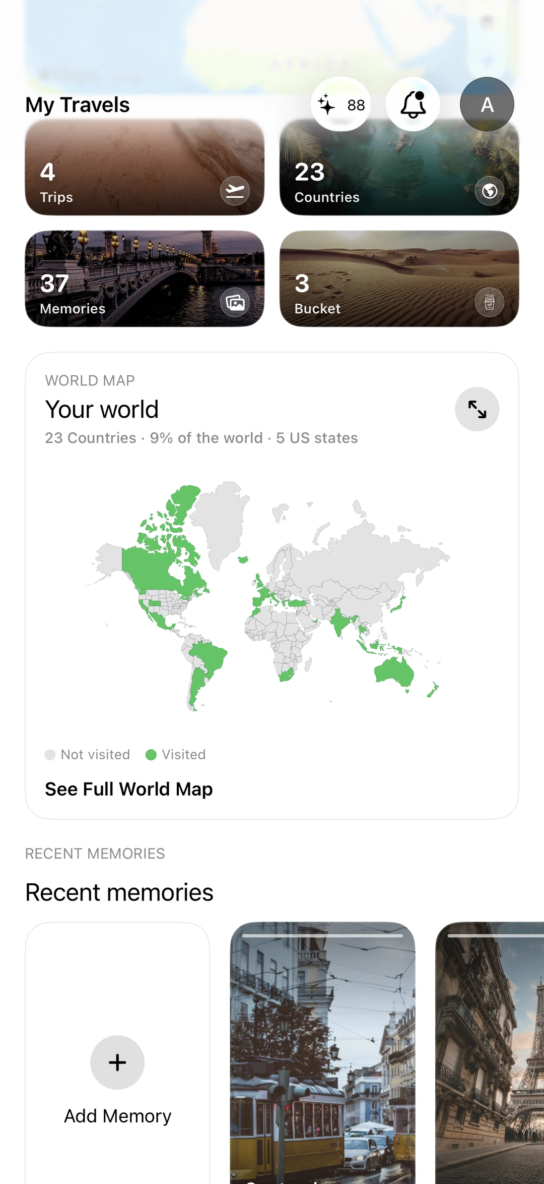 My Travels with travel statistics and a world map highlighting visited countries and US states