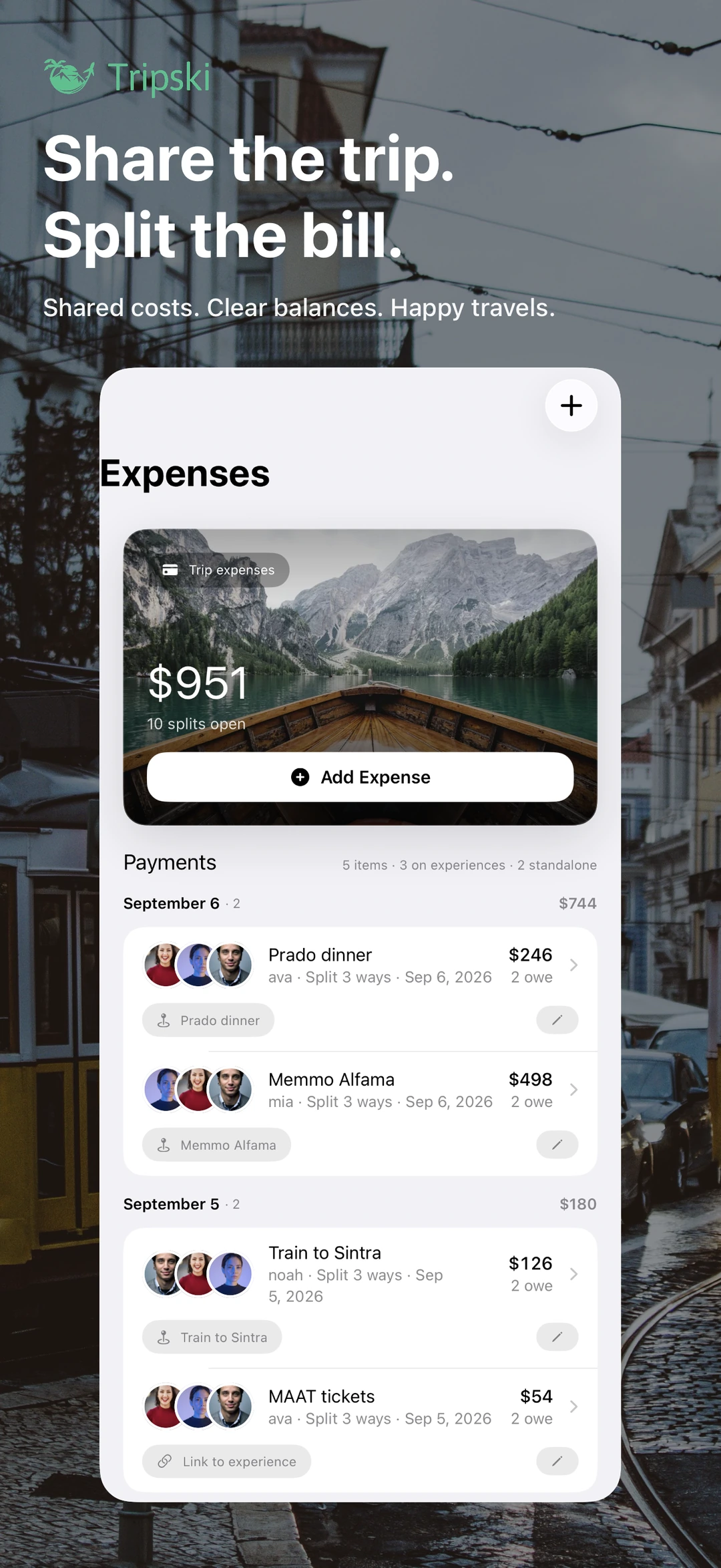 Trip expenses with shared payments, traveler avatars, and open splits