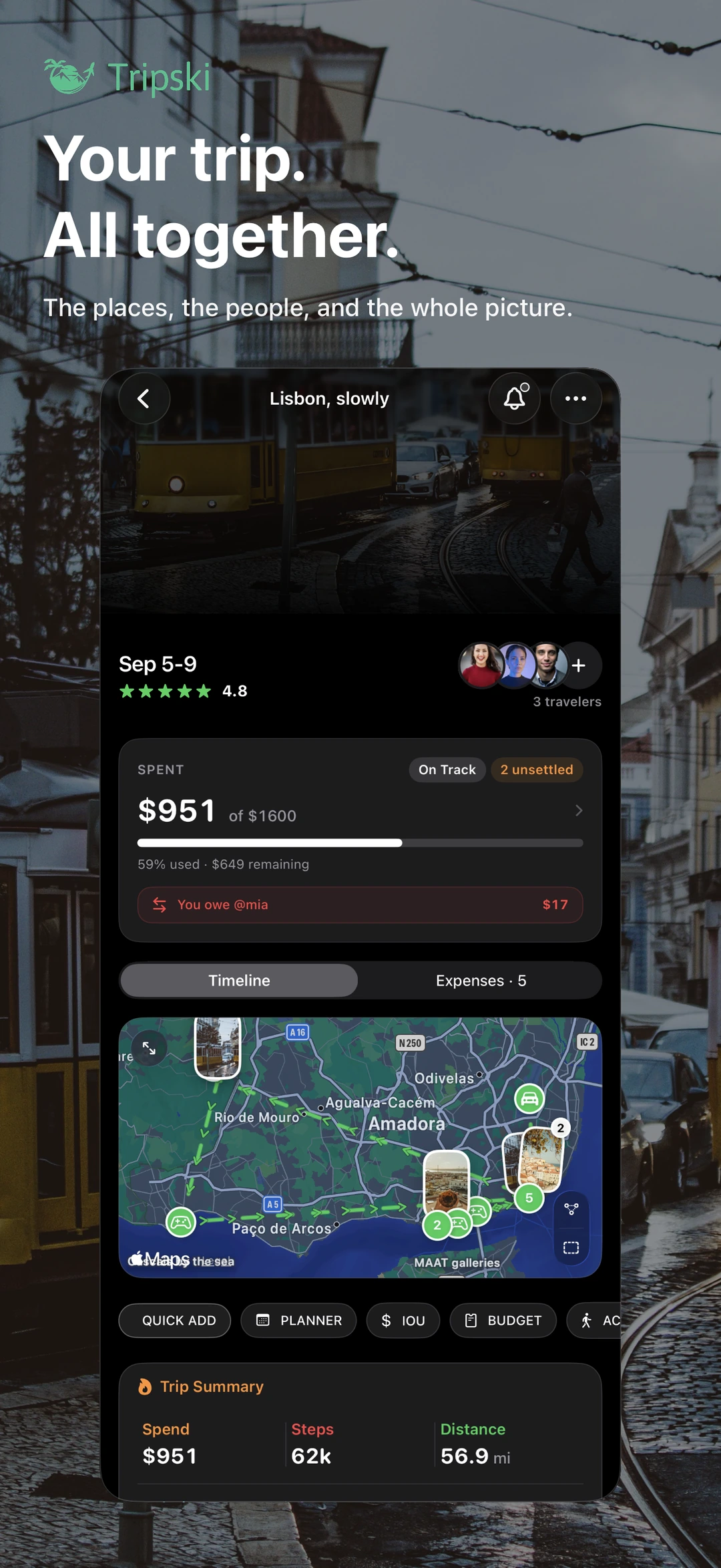 Trip map showing places visited on a shared timeline